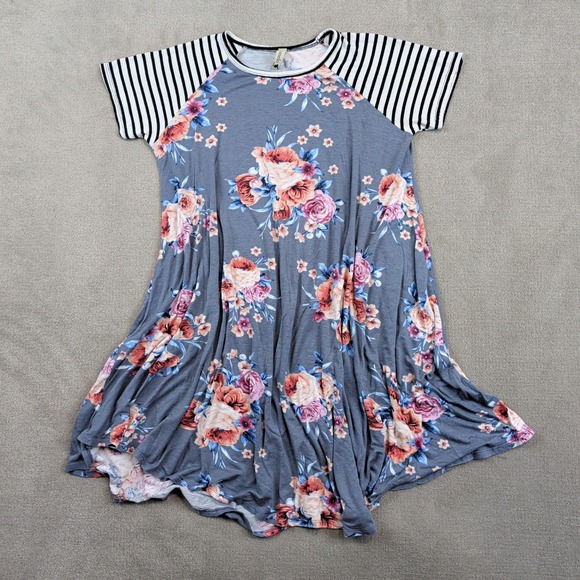 Pomelo Tween LG Floral Raglan Tunic Top Vintage Boho Striped Sleeve Grey Rayon — photo 2